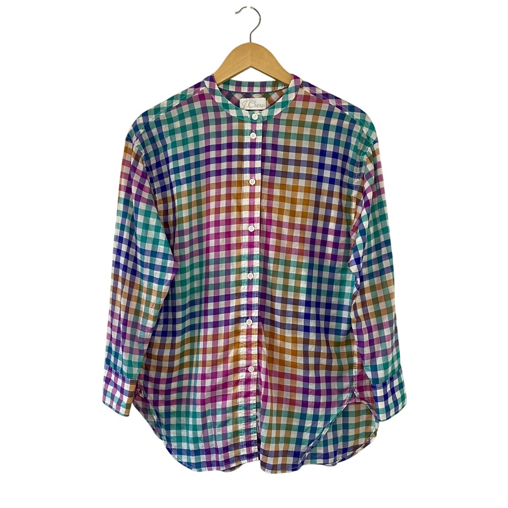 J.Crew Thomas Mason Multi Color Gingham Relaxed Band Collar Cotton Shirt Women 4